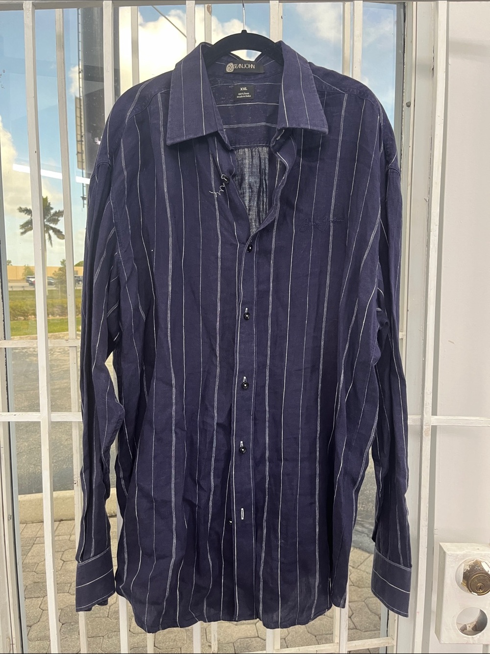 Sean John Navy Blue Vertical-Striped Button-Down Shirt